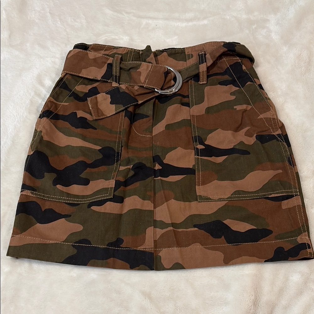 Brown and Tan Mini Pencil Skirt with Cargo and Tie Front